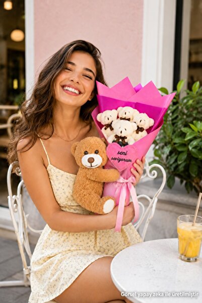 Pandamkee Sevgiliye Özel Romantik Peluş Ayıcık Buketi ve Yanında Sevimli Ayı ...