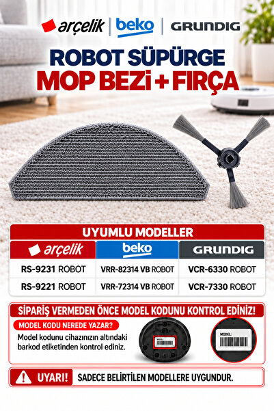 ÖZ BEYAZ EŞYA GRUNDİG VCR-6330 -VCR-7330 Robot Süpürge Paspas Bezi +Fırça (OR...