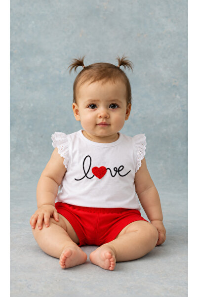 Rocha Baby Love Embroidered Baby Girl Summer Set Scallop Sleeves White T-Shirt Red Shorts 2-Piece Baby Set