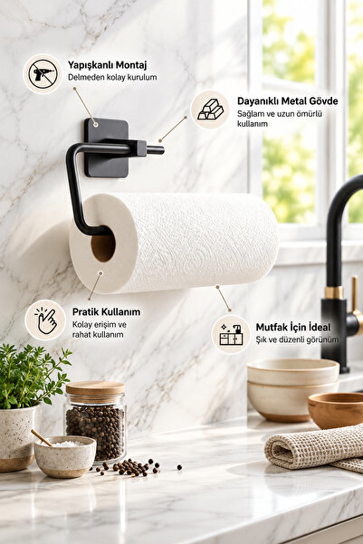 UG Home Siyah Kare Yapışkanlı Kağıt Rulo Havluluk Peçetelik Banyo Askısı
