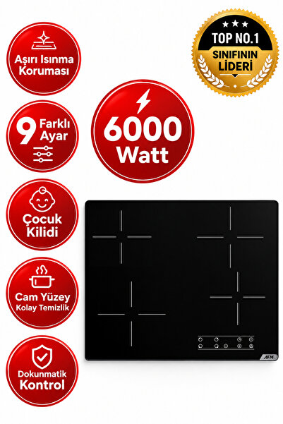 AFM tech V6-04 Elektrikli Vitroseramik Ankastre Siyah Cam Ocak Dokunmatik Dij...