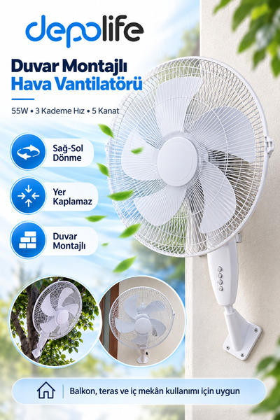 Depolife Duvar Montajlı Hava Vantilatörü 3 KademeHhız Ayarlı Pervane Sağ Sol ...