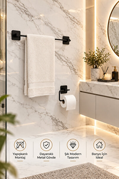 Siyah Kare Yapışkanlı Uzun Havluluk Siyah Açık Yapışkanlı Tuvalet Kağıtlığı 2 Li Banyo Aksesuar Seti