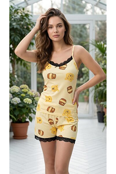 LANA HOMEWEAR SARI İP ASKILI AILI VE BAL BASKILI YAKA VE PAÇASI DANTELLİ MİLA...