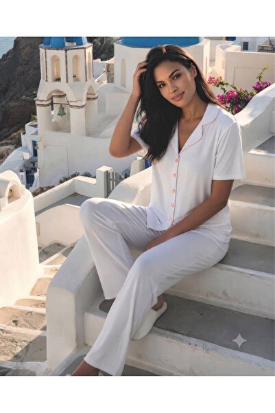 LANA HOMEWEAR Beyaz ara biyeli önden düğmeli ring viskon yumuşacık pijama tak...