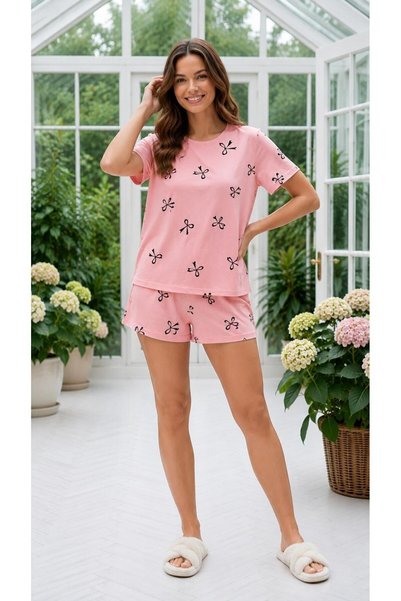 LANA HOMEWEAR Açık Pembe kısa kollu fiyonk baskılı kısa kollu şort model mila...