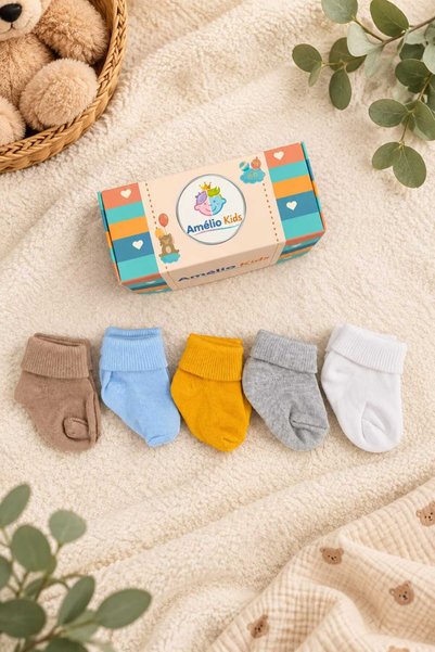 Amélio Kids Organik Pamuk Unisex 5'li Kutulu Premium Yeni Doğan Bebek Çorabı