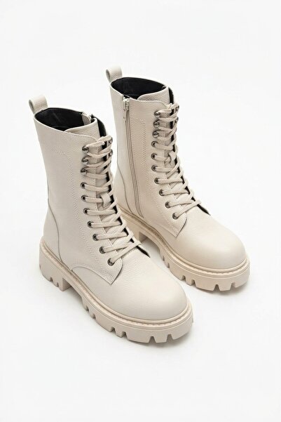 Zerenyus Neole premium beige lace-up zippered women's boot