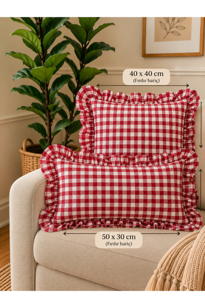 Decamor home Lina Vintage Pötikareli Keten Fırfırlı Kırlent Kılıfı Kırmızı
