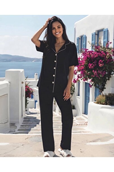 Siyah ara biyeli önden düğmeli ring viskon yumuşacık pijama takımı.