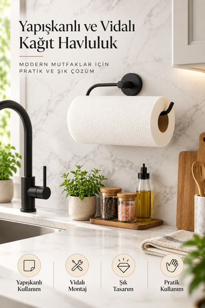 UG Home Siyah Kağıt Rulo Havluluk Banyo Askısı Peçetelik Rulo Kağıtlık