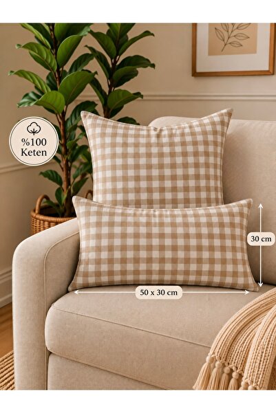 Decamor home Lina Keten Pötikareli Bej Kırlent Kılıfı