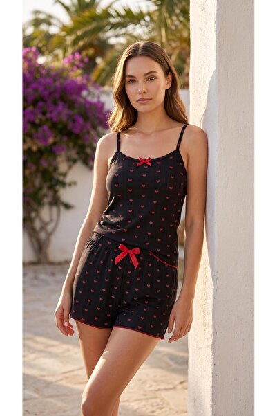 LANA HOMEWEAR İp askılı şortlu siyah kırmızı kalp desenli yumuşacık pijama ta...