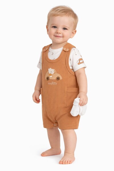 dinamik çocuk Baby Boy Car Embroidered Salopet Jumpsuit Set 3-Piece Set (Snap...