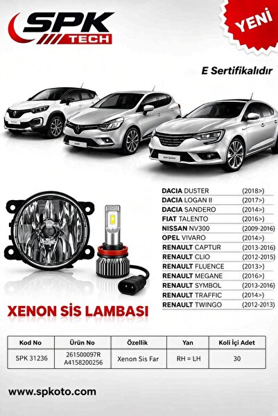RENAULT CLIO MEGANE FLUENCE CAPTUR DACIA DUSTER LOGAN SANDERO OPEL VIVARO NISSAN NV300 UYUMLU SAĞ VEYA SOL SİS FARI H16 E SERTİFİKALI