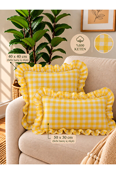 Decamor home Lina Vintage Linen Gingham Ruffled Throw Pillow Cover Yellow