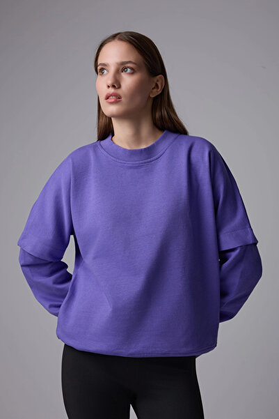 defys Kadın Bisiklet Yaka Kol Detaylı Oversize Fit Basic Sweatshirt Mor