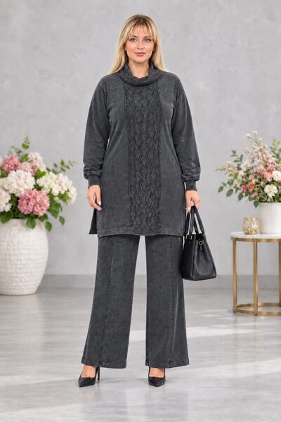 CEDY DENIM - Kadın Büyük Beden Yırtmaçlı Tunik ve Bol Paça Pantolon Takım C80...