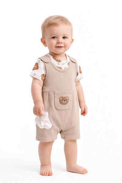dinamik çocuk Baby Boy Süzene Teddy Bear Short Sleeve Snap-On Bodysuit & Ribb...