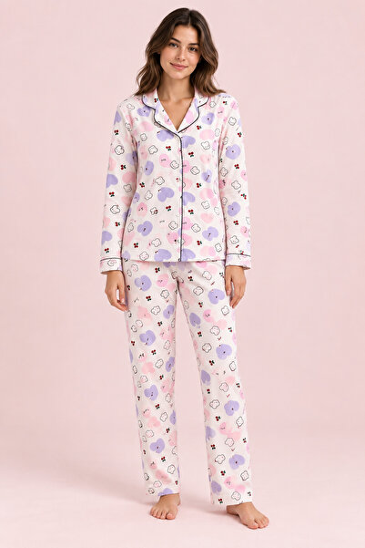 Starinci Mayo Kadın Pastel Bulut Desenli Pijama Takımı Ekru İkili Takım