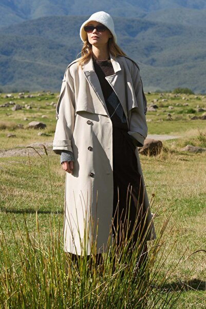 Fulla Moda Double-Breasted Collar Belted Trench Coat with Cape Detail