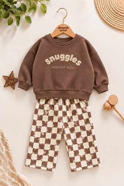 dinamik çocuk Erkek Bebek Snuggles Nakışlı Sweatshirt Damalı Pantolon 2'li Al...