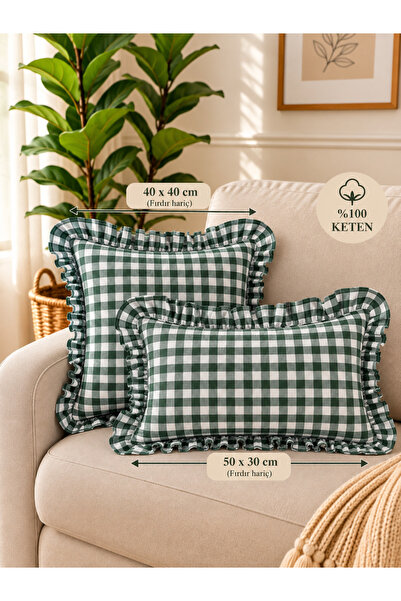 Decamor home Lina Vintage Linen Gingham Ruffled Throw Pillow Cover Emerald Green