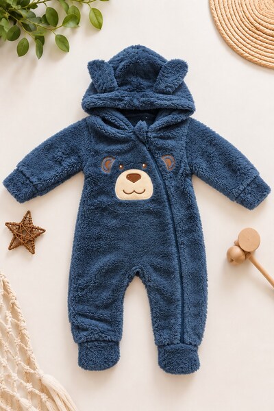 dinamik çocuk Baby Boy Jumpsuit Welsoft Sweet Teddy Bear Embroidered Plush Ho...