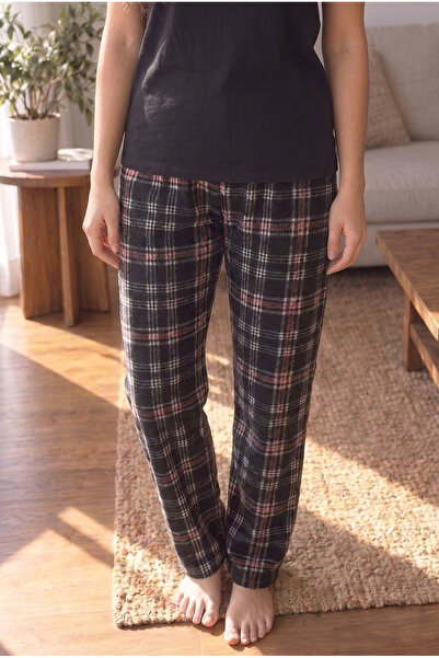 Yediler Tekstil Kadın Rahat Kalıp Yüksek Bel Baskılı Yumuşak Polar Pijama Altı
