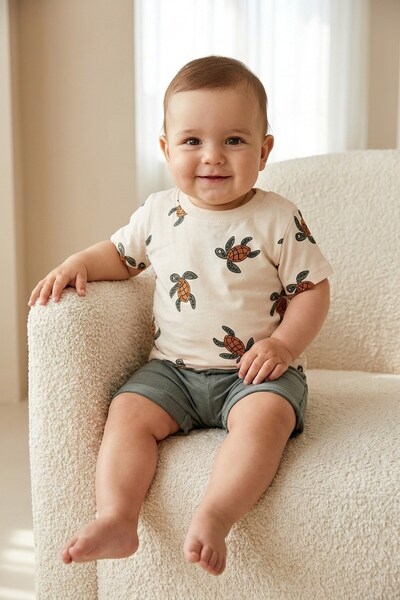 dinamik çocuk Baby Boy Turtle Patterned 2-Piece Summer Set Cotton Short Sleev...
