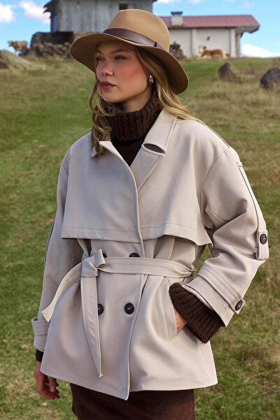 Fulla Moda Καμπαρντίνα oversize με διπλό στήθος, γιακά και ζώνη στη μέση