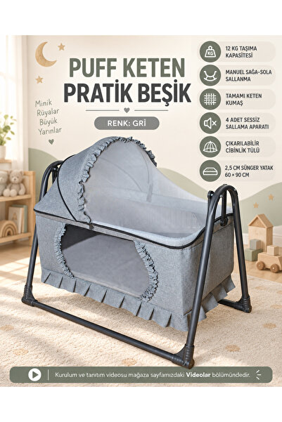 Happy Baby Elit Pratik Keten Beşik - GRİ - Portatif - Sallanır - Oyuncaklı - ...