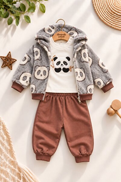 dinamik çocuk Erkek Bebek Panda Desenli Peluş Kapüşonlu Hırka Sweatshirt Eşof...