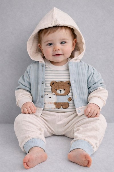 dinamik çocuk Baby boy bear and frog punch embroidered hooded cardigan m Tran...