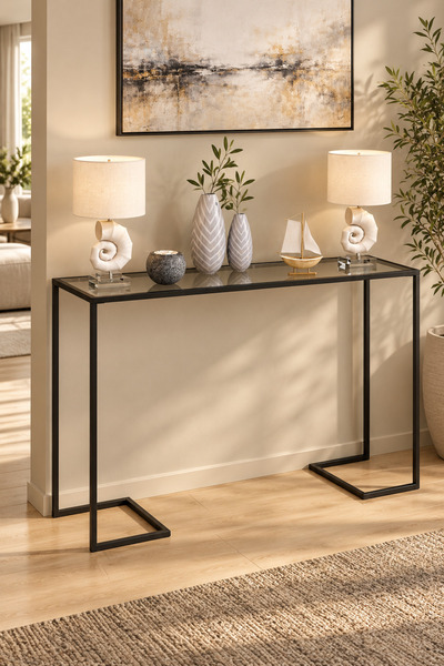 TOLIAHOME Modern Siyah Renk Temper Camlı Dresuar Metal Konsol Çiçeklik Saksılık