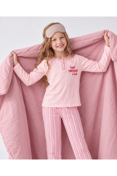 Kız Çocuk Uzun Kollu Düğme Detaylı %100 Pamuklu Pijama Takımı Best Dream
