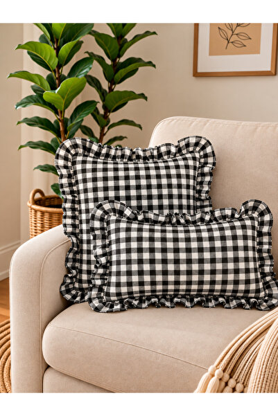 Decamor home Lina Vintage Linen Gingham Ruffled Throw Pillow Cover Black