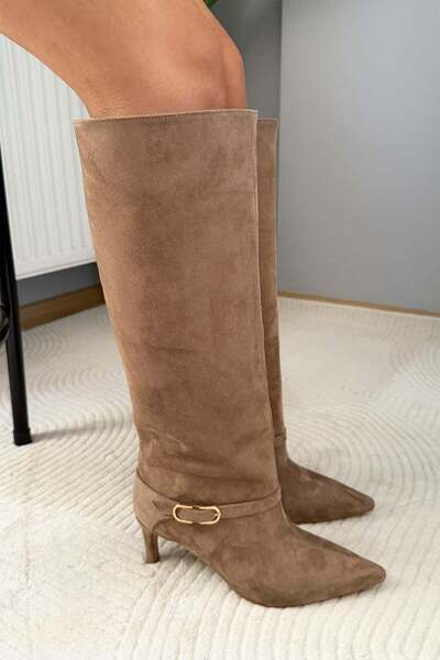 Preshley Kadın Melinda Vizon Süet 7 cm Topuklu Toka Detaylı Çizme& Bot