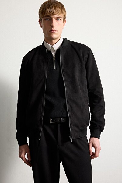 DeFacto Slim Fit College Collar Bomber Suede Black Men's Coat A3866Ax/Bk27
