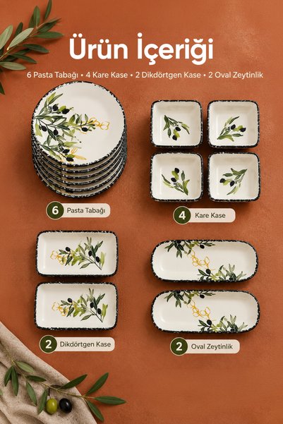 Vienev 14 Parça 6 Kişilik Zeytin Model Seramik Kahvaltı Takımı 6 Pasta Tabağı 4 Kare Kase 2 Dikdörtgen Kase 2 Oval Zeytinlik