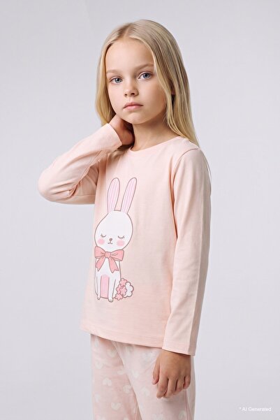 DeFacto 100% Cotton Rabbit Printed Top and Heart Bottom 2-Piece Pajama Set fo...