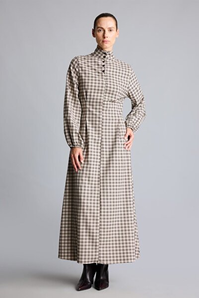 DeFacto Checkered Fitted High Neck Long Sleeve Dress I5656Ax26Wn