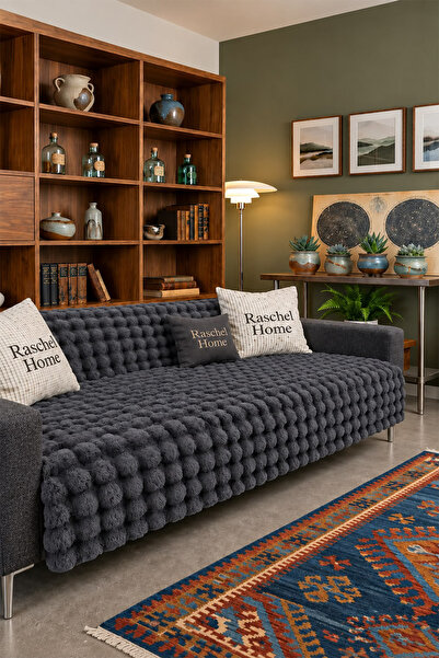 Raschel Home Bubble Peluş Koyu Gri Koltuk Örtüsü 165x205 cm Krem Yıkanabilir ...