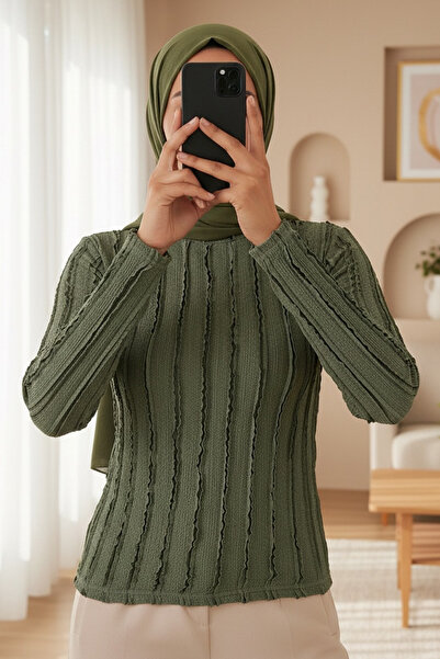 Modamorfo Women's Textured Stretch Knitted Blouse 975 - Khaki