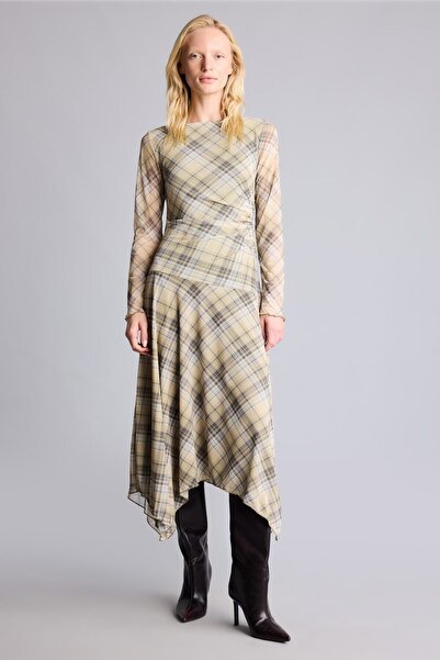 DeFacto Asymmetrical Cut Square Patterned Boat Neck Long Sleeve Tulle Midi Dr...