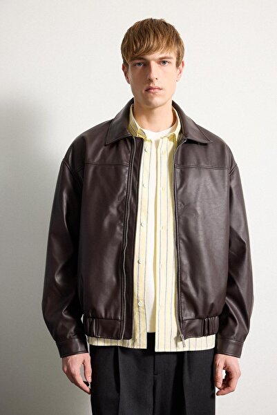 DeFacto Oversize Shirt Collar Leather Look Zippered Coat G0193Ax26Sp