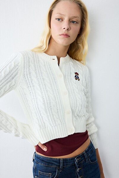 DeFacto Regular Fit Crew Neck Hair Braided Teddy Bear Embroidered Knitwear Ca...