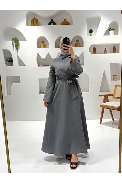 Gülşah collection Belt Detailed Shirt Collar Tencel Dress - Gray