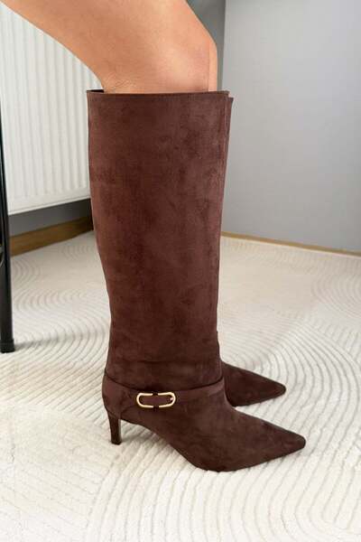 Preshley Kadın Melinda Kahve Süet 7 cm Topuklu Toka Detaylı Çizme& Bot