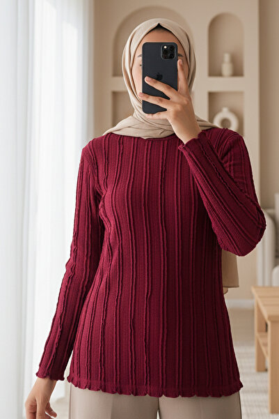 Modamorfo Women's Textured Stretch Knitted Blouse 975 - Burgundy